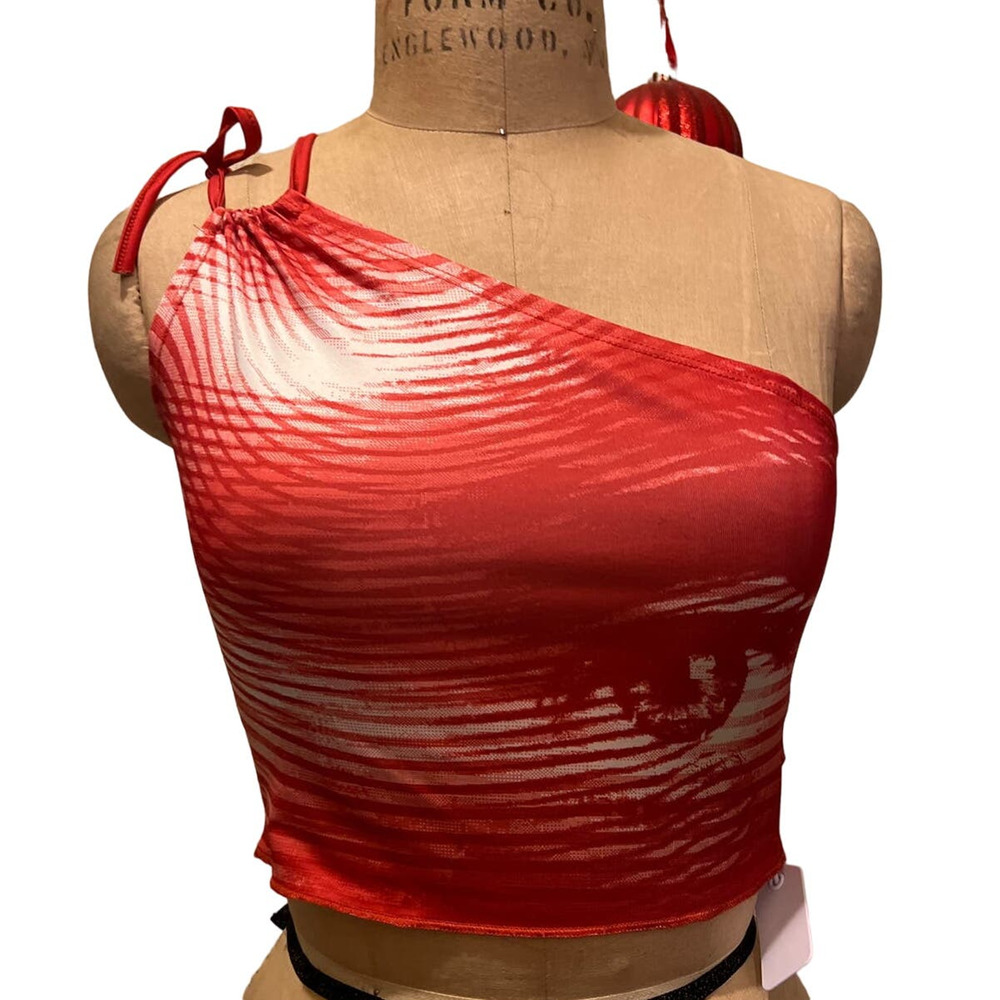 Cape Clique One Shoulder Tie Eye Graphic Cami Crop Top NWT Size 6 Medium